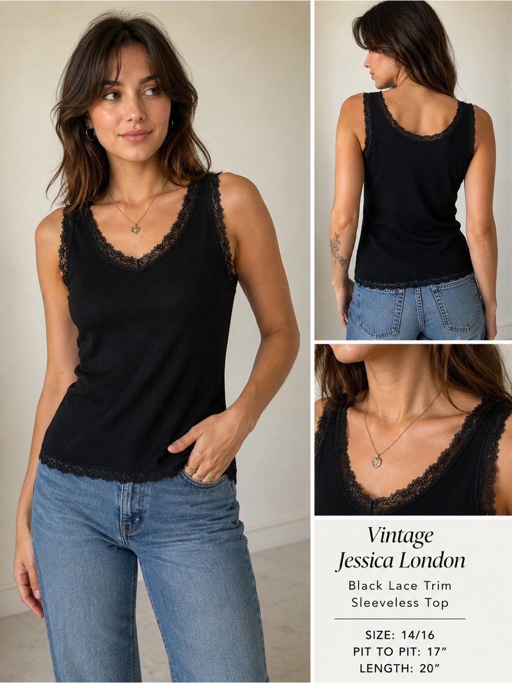 Vintage Jessica London Black Lace Trim Sleeveless Ribbed Top Size 14/16 Tank Y2K